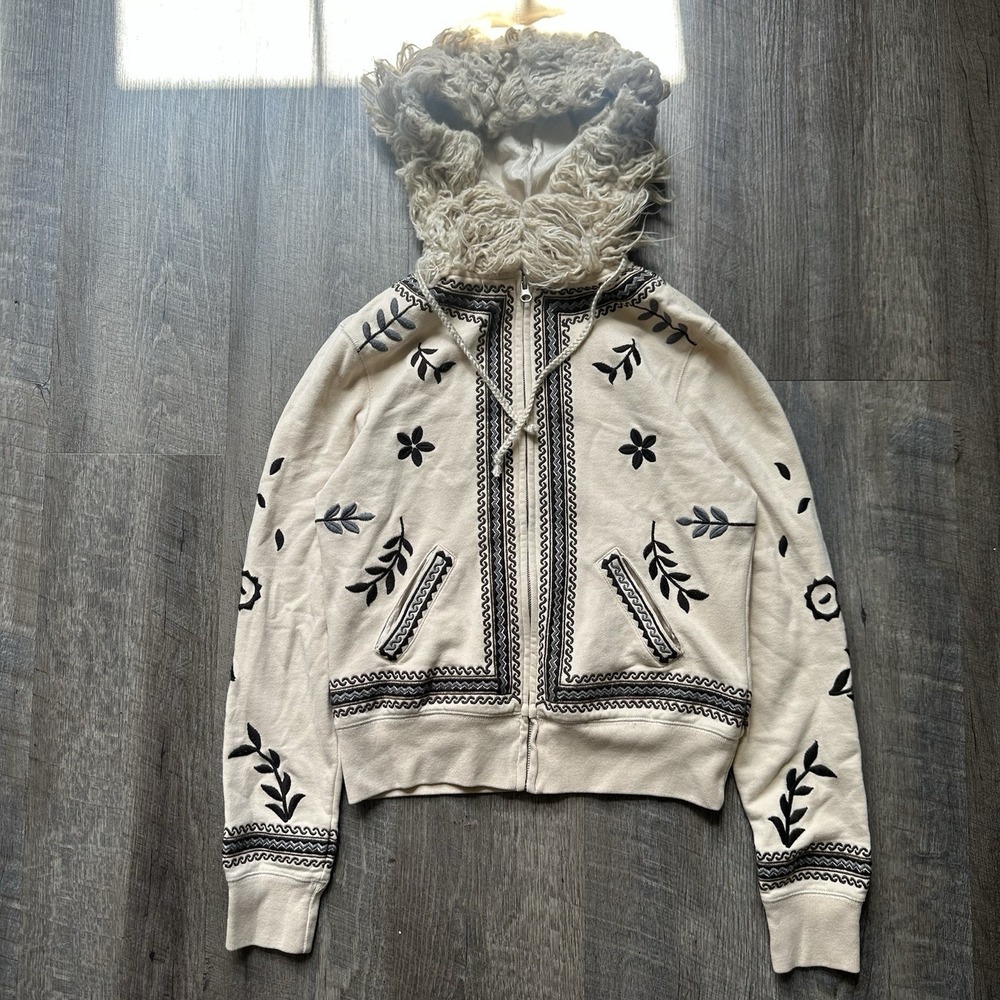 Lucky brand M Womens trim hoodie Asian graphic print zip up sweatshirt indie Y2K